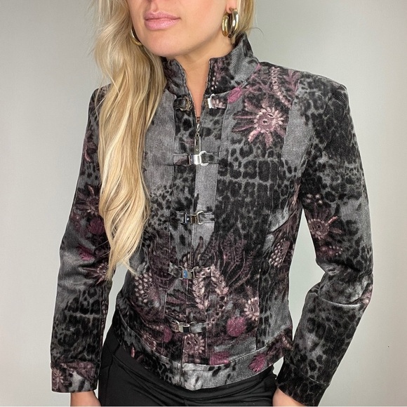 St. John Black, Grey, Purple Floral and Animal Print Corduroy Blazer Jacket - Picture 2 of 15